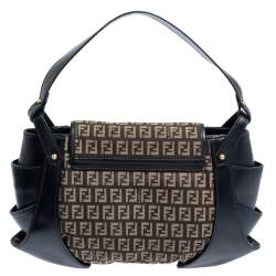 Pre Owned Fendi Black/Tobacco Zucchino Canvas and Leather Borsa Tuc Hobo