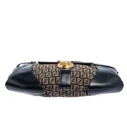 Pre Owned Fendi Black/Tobacco Zucchino Canvas and Leather Borsa Tuc Hobo