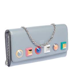 Pre Owned Fendi Stone Blue Leather Studded Flap Wallet On Chain