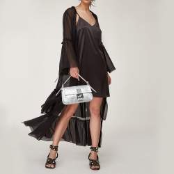 Fendi Silver Logo Embossed Fabric Baguette