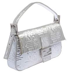 Fendi Silver Logo Embossed Fabric Baguette