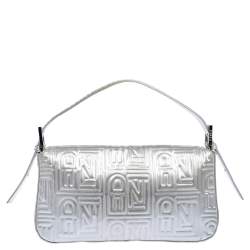 Fendi Silver Logo Embossed Fabric Baguette