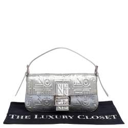 Fendi Silver Logo Embossed Fabric Baguette