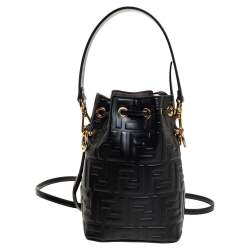 Pre Owned Fendi Black Zucca Leather Mini Mon Tresor Drawstring Bucket Bag