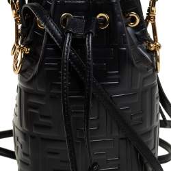 Pre Owned Fendi Black Zucca Leather Mini Mon Tresor Drawstring Bucket Bag