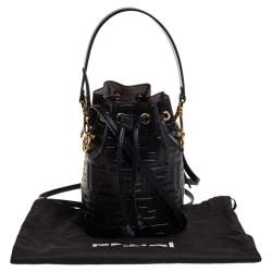 Pre Owned Fendi Black Zucca Leather Mini Mon Tresor Drawstring Bucket Bag