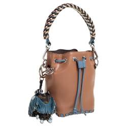 Pre Owned Fendi Tan/Blue Leather Mini Mon Tresor Drawstring Bucket Bag