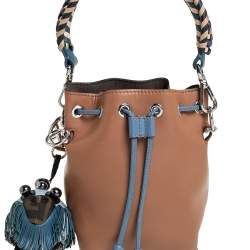 Pre Owned Fendi Tan/Blue Leather Mini Mon Tresor Drawstring Bucket Bag