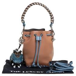 Pre Owned Fendi Tan/Blue Leather Mini Mon Tresor Drawstring Bucket Bag