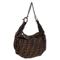 Pre Owned Fendi Tobacco Zucca Canvas and Patent Leather Chef Chain Link Hobo