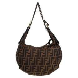 Pre Owned Fendi Tobacco Zucca Canvas and Patent Leather Chef Chain Link Hobo