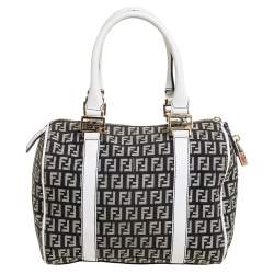 Pre Owned Fendi Black/White Canvas And Leather Forever Bauletto Boston Bag