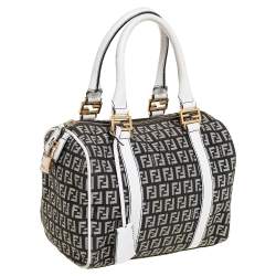 Pre Owned Fendi Black/White Canvas And Leather Forever Bauletto Boston Bag