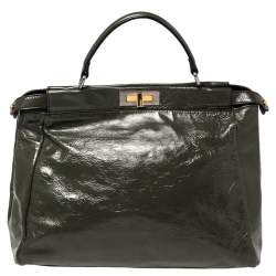 Fendi Dark Grey Crinkled Patent Leather Large Peekaboo Top Handle