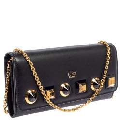 Pre Owned Fendi Black Leather Studded Wallet On Chain