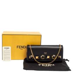 Pre Owned Fendi Black Leather Studded Wallet On Chain