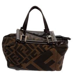 Pre Owned Fendi Brown Zucca Canvas And Tortoise Patent Leather Boston Bag