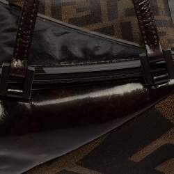 Pre Owned Fendi Brown Zucca Canvas And Tortoise Patent Leather Boston Bag