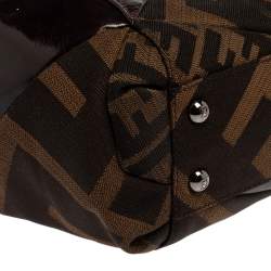 Pre Owned Fendi Brown Zucca Canvas And Tortoise Patent Leather Boston Bag