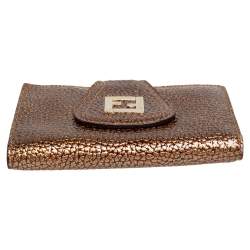 Pre Owned Fendi Gold Textured Leather FF Logo Compact Wallet