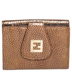 Pre Owned Fendi Gold Textured Leather FF Logo Compact Wallet