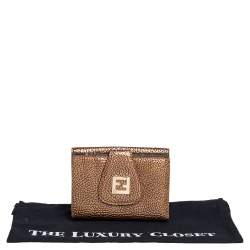 Pre Owned Fendi Gold Textured Leather FF Logo Compact Wallet