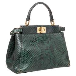 Pre Owned Fendi Green/Black Python Mini Peekaboo Top Handle Bag