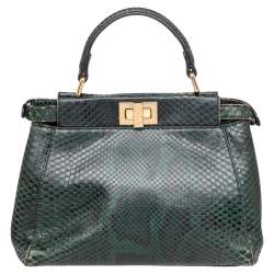 Pre Owned Fendi Green/Black Python Mini Peekaboo Top Handle Bag