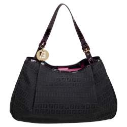 Pre Owned Fendi Black Zucchino Print Canvas and Patent Leather Shopper Tote 