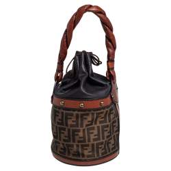 Pre Owned Fendi Brown/Tan Zucca Canvas And Leather Palazzo Drawstring Bucket Bag