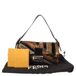 Pre Owned Fendi Multicolor Glitter Fabric Chain Embellished Ricami Baguette Flap Bag