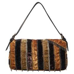 Pre Owned Fendi Multicolor Glitter Fabric Chain Embellished Ricami Baguette Flap Bag