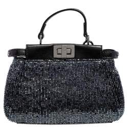 Pre Owned Fendi Black Beaded and Leather Micro Peekaboo Crossbody Bag