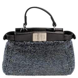 Pre Owned Fendi Black Beaded and Leather Micro Peekaboo Crossbody Bag
