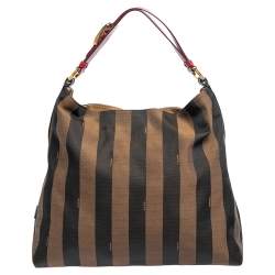 Pre Owned Fendi Tobacco/Red Canvas and Leather Large Pequin Striped Hobo
