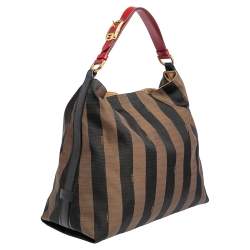 Pre Owned Fendi Tobacco/Red Canvas and Leather Large Pequin Striped Hobo