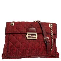 Fendi Red Quilted Zucca Canvas and Leather Maxi Baguette Flap Shoulder Bag