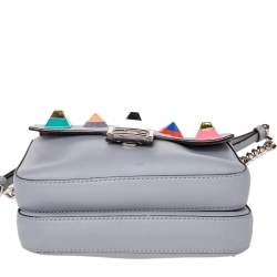 Pre Owned Fendi Grey Leather Micro Studded Double Baguette Shoulder Bag