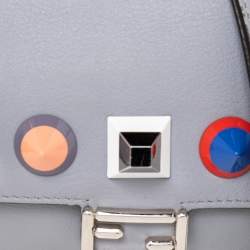 Pre Owned Fendi Grey Leather Micro Studded Double Baguette Shoulder Bag