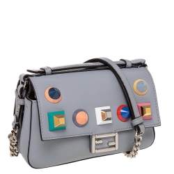 Pre Owned Fendi Grey Leather Micro Studded Double Baguette Shoulder Bag