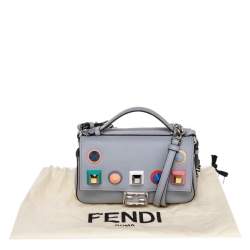 Pre Owned Fendi Grey Leather Micro Studded Double Baguette Shoulder Bag