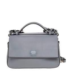 Pre Owned Fendi Grey Leather Micro Studded Double Baguette Shoulder Bag