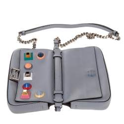 Pre Owned Fendi Grey Leather Micro Studded Double Baguette Shoulder Bag