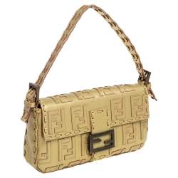 Pre Owned Fendi Gold Zucca Leather Whipstitched Baguette Flap Bag