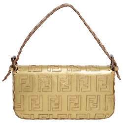 Pre Owned Fendi Gold Zucca Leather Whipstitched Baguette Flap Bag