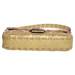 Pre Owned Fendi Gold Zucca Leather Whipstitched Baguette Flap Bag