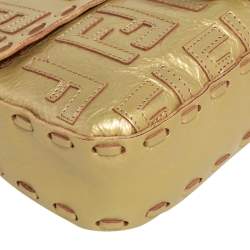 Pre Owned Fendi Gold Zucca Leather Whipstitched Baguette Flap Bag