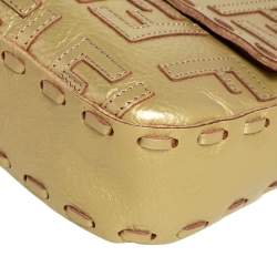 Pre Owned Fendi Gold Zucca Leather Whipstitched Baguette Flap Bag