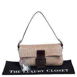 Pre Owned Fendi Beige/Brown Leather and Beaded Baguette Flap Bag