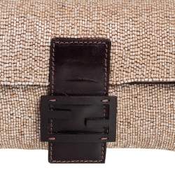 Pre Owned Fendi Beige/Brown Leather and Beaded Baguette Flap Bag